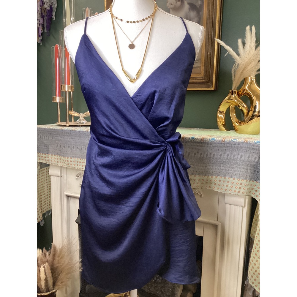Hello Molly Navy Blue Satin‎ Wrap Mini Dress Side Tie Surplice V-Neck Size 4 S
